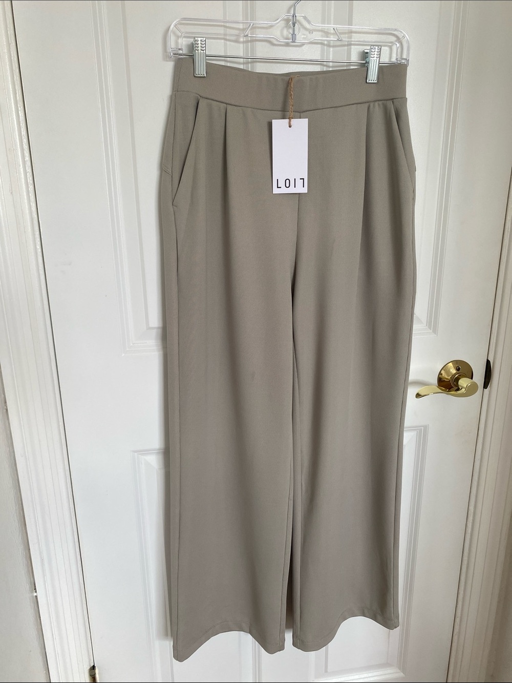 NWT Loit Wide-Leg High-Waist Pull-On Waffle Pants in Putty Color Size S